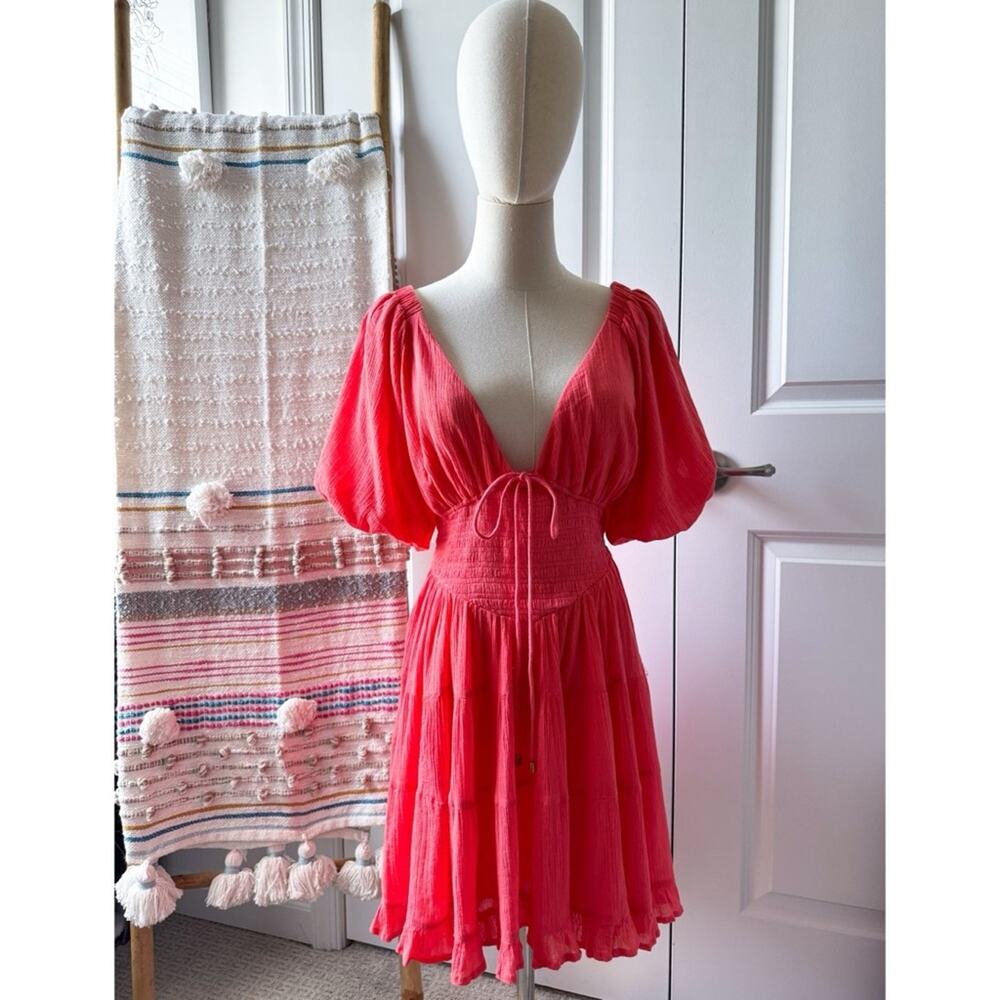 Free People Perfect Day Watermelon Short Puff Sleeve Mini Dress Women’s Size XS - Picture 2 of 10